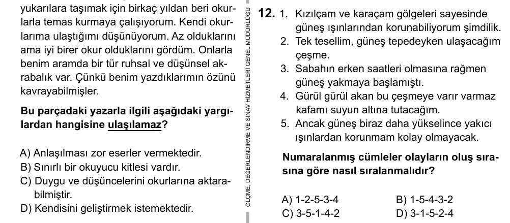 Hazırlık Sınıfı Türkçe 2019 İOKBS Bursluluk Sınavı 12. Soru görseli
