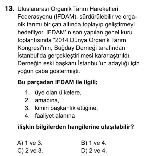 Hazırlık Sınıfı Türkçe 2019 İOKBS Bursluluk Sınavı 13. Soru görseli