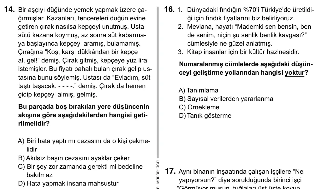 Hazırlık Sınıfı Türkçe 2019 İOKBS Bursluluk Sınavı 14. Soru görseli