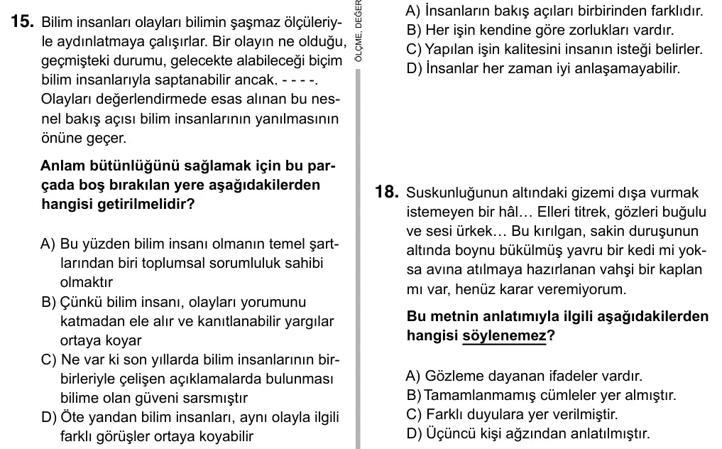 Hazırlık Sınıfı Türkçe 2019 İOKBS Bursluluk Sınavı 15. Soru görseli