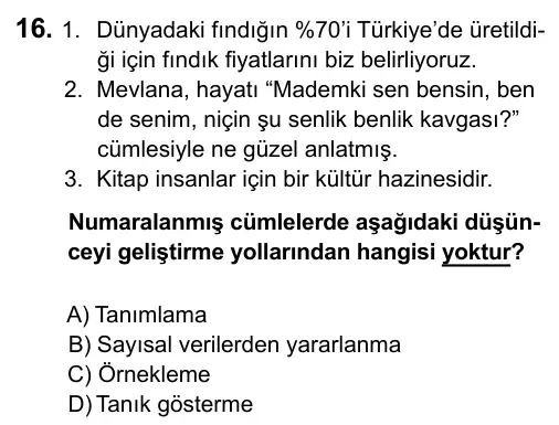 Hazırlık Sınıfı Türkçe 2019 İOKBS Bursluluk Sınavı 16. Soru görseli