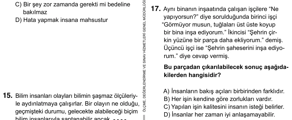 Hazırlık Sınıfı Türkçe 2019 İOKBS Bursluluk Sınavı 17. Soru görseli