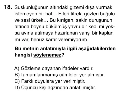 Hazırlık Sınıfı Türkçe 2019 İOKBS Bursluluk Sınavı 18. Soru görseli