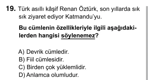 Hazırlık Sınıfı Türkçe 2019 İOKBS Bursluluk Sınavı 19. Soru görseli