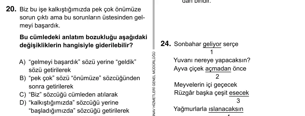 Hazırlık Sınıfı Türkçe 2019 İOKBS Bursluluk Sınavı 20. Soru görseli