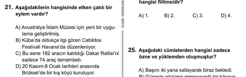 Hazırlık Sınıfı Türkçe 2019 İOKBS Bursluluk Sınavı 21. Soru görseli