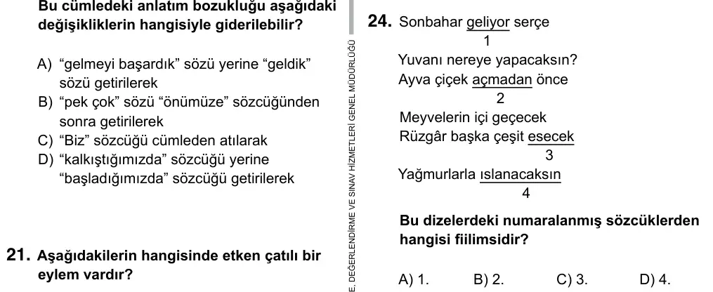 Hazırlık Sınıfı Türkçe 2019 İOKBS Bursluluk Sınavı 24. Soru görseli