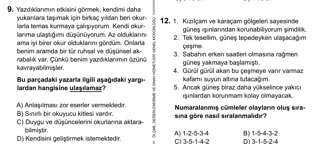 Hazırlık Sınıfı Türkçe 2019 İOKBS Bursluluk Sınavı 9. Soru görseli