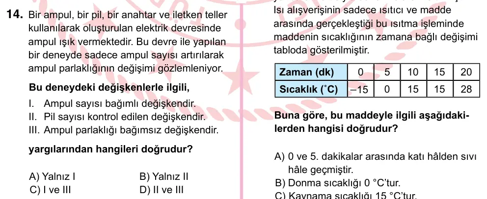 5. Sınıf Fen Bilimleri 2022 İOKBS Bursluluk Sınavı 14. Soru görseli