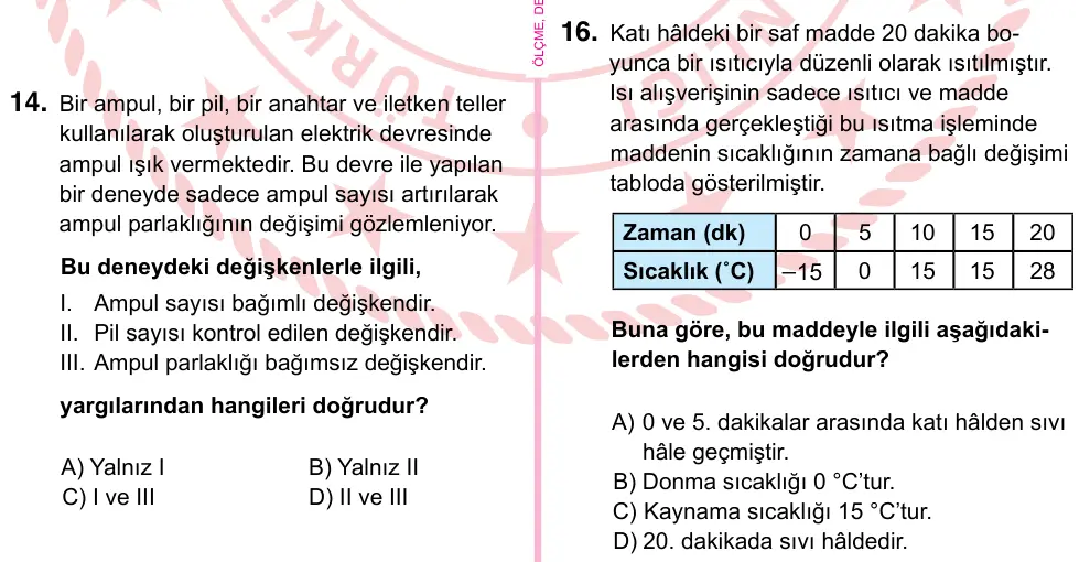 5. Sınıf Fen Bilimleri 2022 İOKBS Bursluluk Sınavı 16. Soru görseli