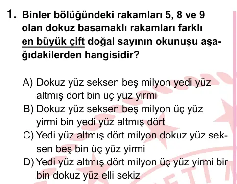 5. Sınıf Matematik 2022 İOKBS Bursluluk Sınavı 1. Soru görseli