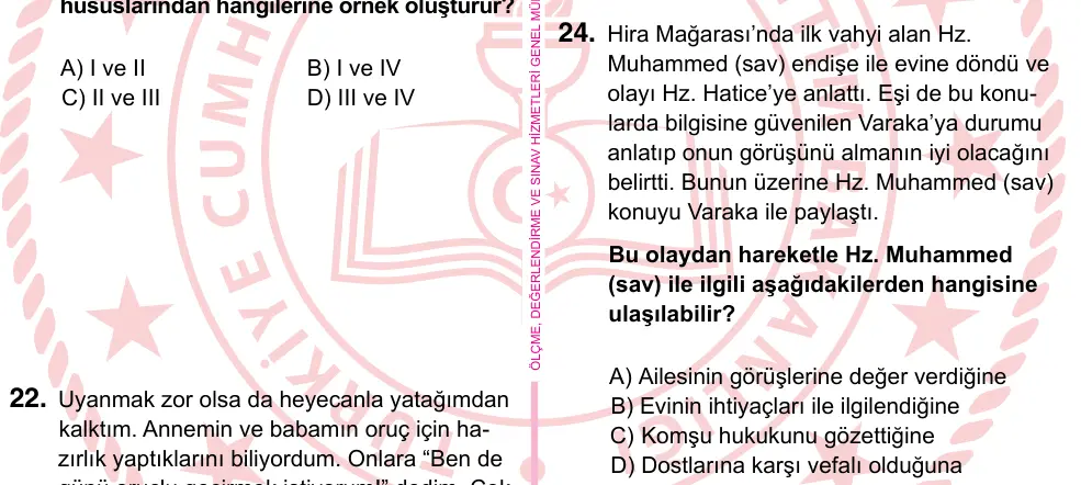 5. Sınıf Sosyal Bilgiler 2022 İOKBS Bursluluk Sınavı 24. Soru görseli