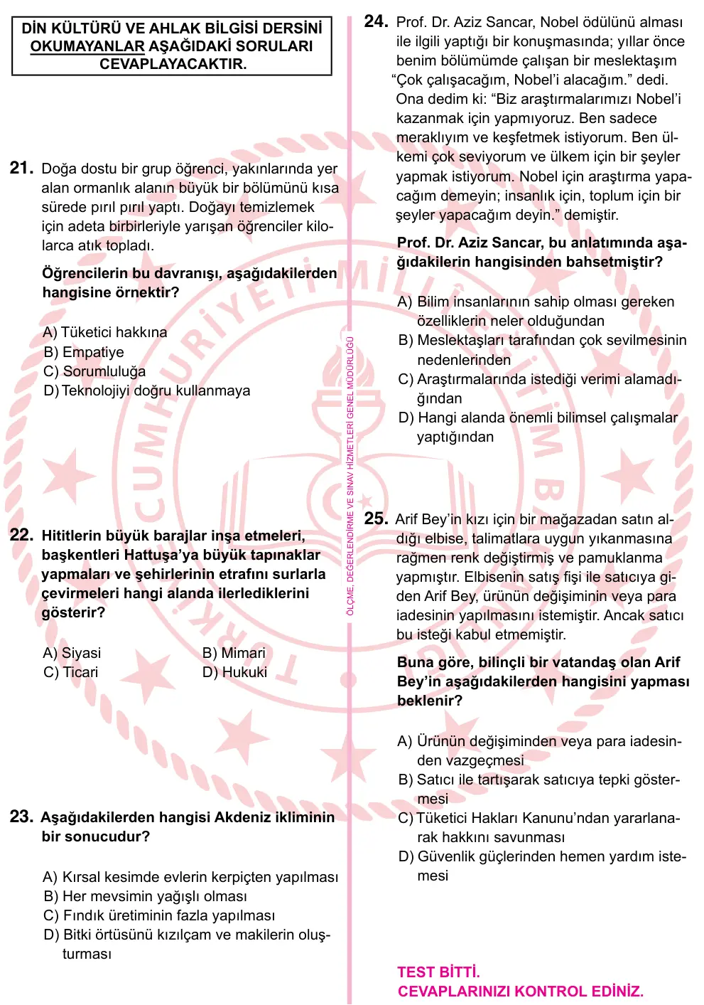 5. Sınıf Sosyal Bilgiler 2022 İOKBS Bursluluk Sınavı 25. Soru görseli (2/3)