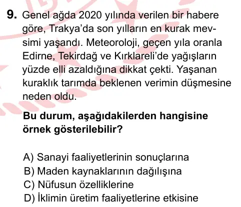 5. Sınıf Sosyal Bilgiler 2022 İOKBS Bursluluk Sınavı 9. Soru görseli