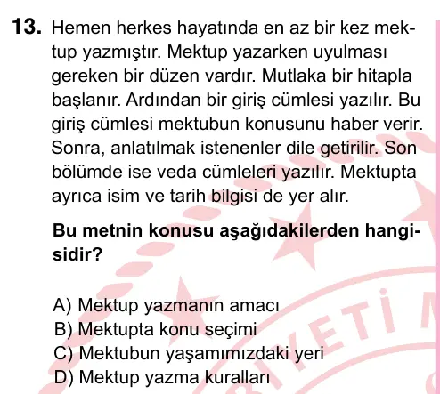 5. Sınıf Türkçe 2022 İOKBS Bursluluk Sınavı 13. Soru görseli