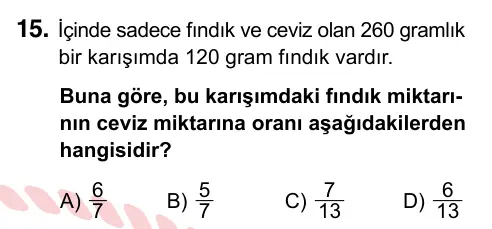 6. Sınıf Matematik 2022 İOKBS Bursluluk Sınavı 15. Soru görseli