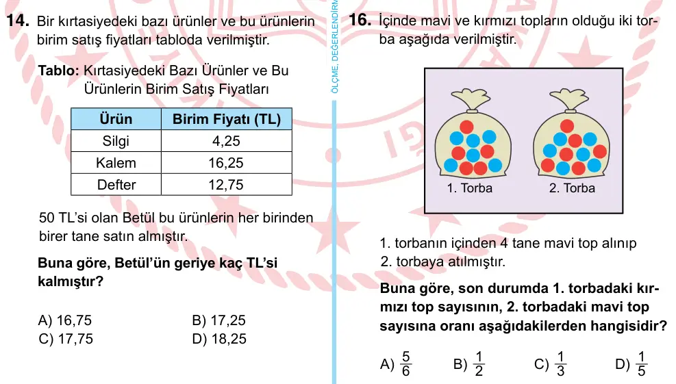 6. Sınıf Matematik 2022 İOKBS Bursluluk Sınavı 16. Soru görseli