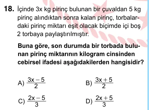 6. Sınıf Matematik 2022 İOKBS Bursluluk Sınavı 18. Soru görseli