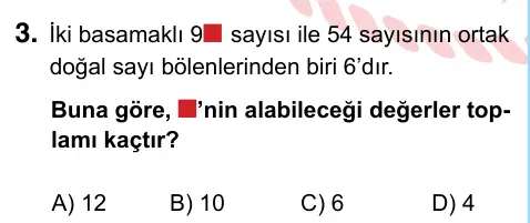 6. Sınıf Matematik 2022 İOKBS Bursluluk Sınavı 3. Soru görseli