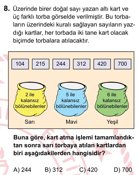 6. Sınıf Matematik 2022 İOKBS Bursluluk Sınavı 8. Soru görseli