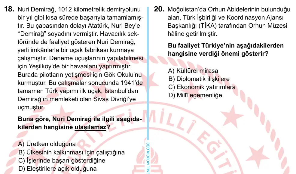 6. Sınıf Sosyal Bilgiler 2022 İOKBS Bursluluk Sınavı 18. Soru görseli