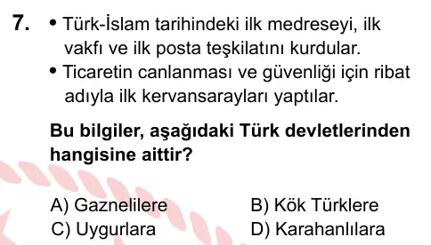 6. Sınıf Sosyal Bilgiler 2022 İOKBS Bursluluk Sınavı 7. Soru görseli