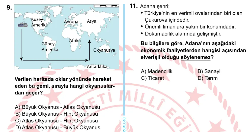 6. Sınıf Sosyal Bilgiler 2022 İOKBS Bursluluk Sınavı 9. Soru görseli