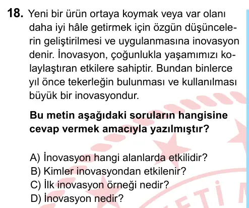 6. Sınıf Türkçe 2022 İOKBS Bursluluk Sınavı 18. Soru görseli