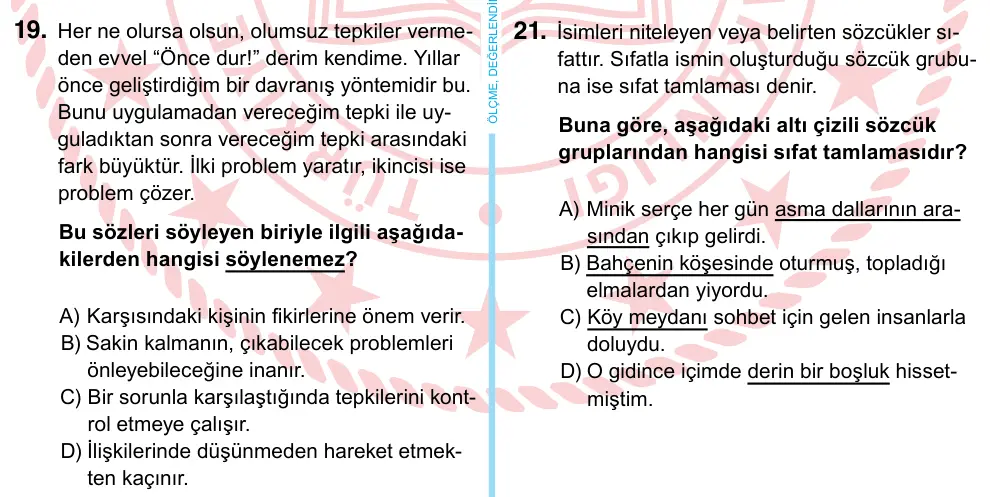 6. Sınıf Türkçe 2022 İOKBS Bursluluk Sınavı 19. Soru görseli