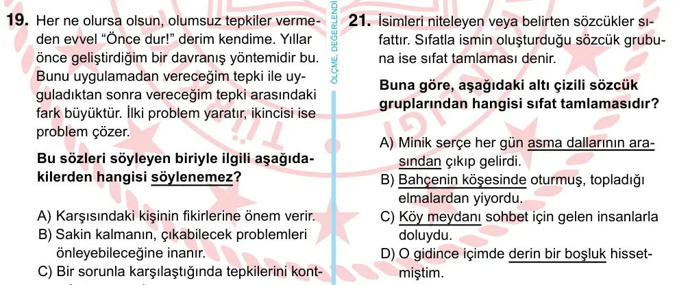 6. Sınıf Türkçe 2022 İOKBS Bursluluk Sınavı 21. Soru görseli