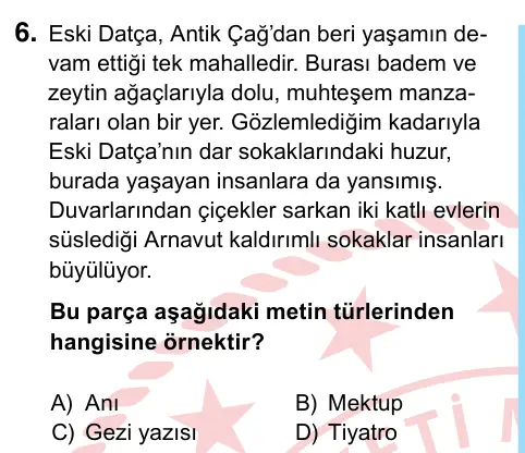 6. Sınıf Türkçe 2022 İOKBS Bursluluk Sınavı 6. Soru görseli
