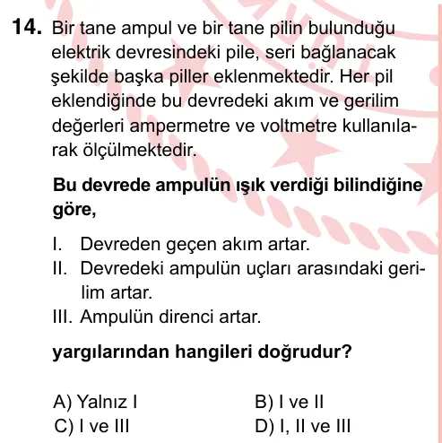 7. Sınıf Fen Bilimleri 2022 İOKBS Bursluluk Sınavı 14. Soru görseli