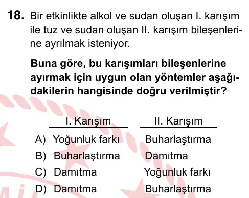 7. Sınıf Fen Bilimleri 2022 İOKBS Bursluluk Sınavı 18. Soru görseli