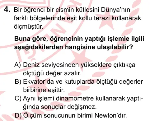 7. Sınıf Fen Bilimleri 2022 İOKBS Bursluluk Sınavı 4. Soru görseli