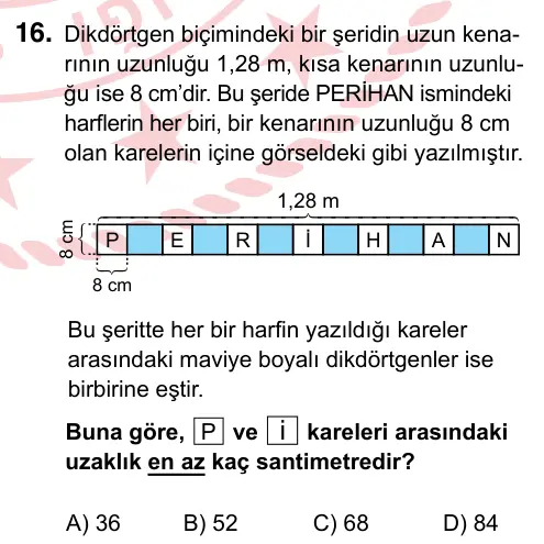 7. Sınıf Matematik 2022 İOKBS Bursluluk Sınavı 16. Soru görseli