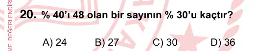 7. Sınıf Matematik 2022 İOKBS Bursluluk Sınavı 20. Soru görseli