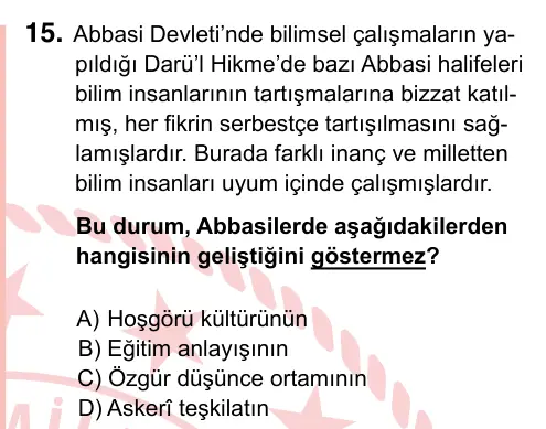 7. Sınıf Sosyal Bilgiler 2022 İOKBS Bursluluk Sınavı 15. Soru görseli