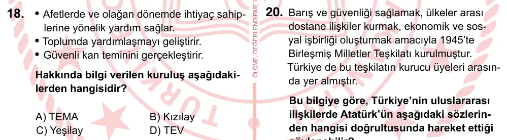7. Sınıf Sosyal Bilgiler 2022 İOKBS Bursluluk Sınavı 18. Soru görseli