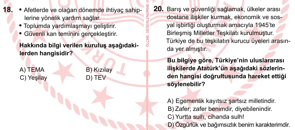 7. Sınıf Sosyal Bilgiler 2022 İOKBS Bursluluk Sınavı 20. Soru görseli (1/2)