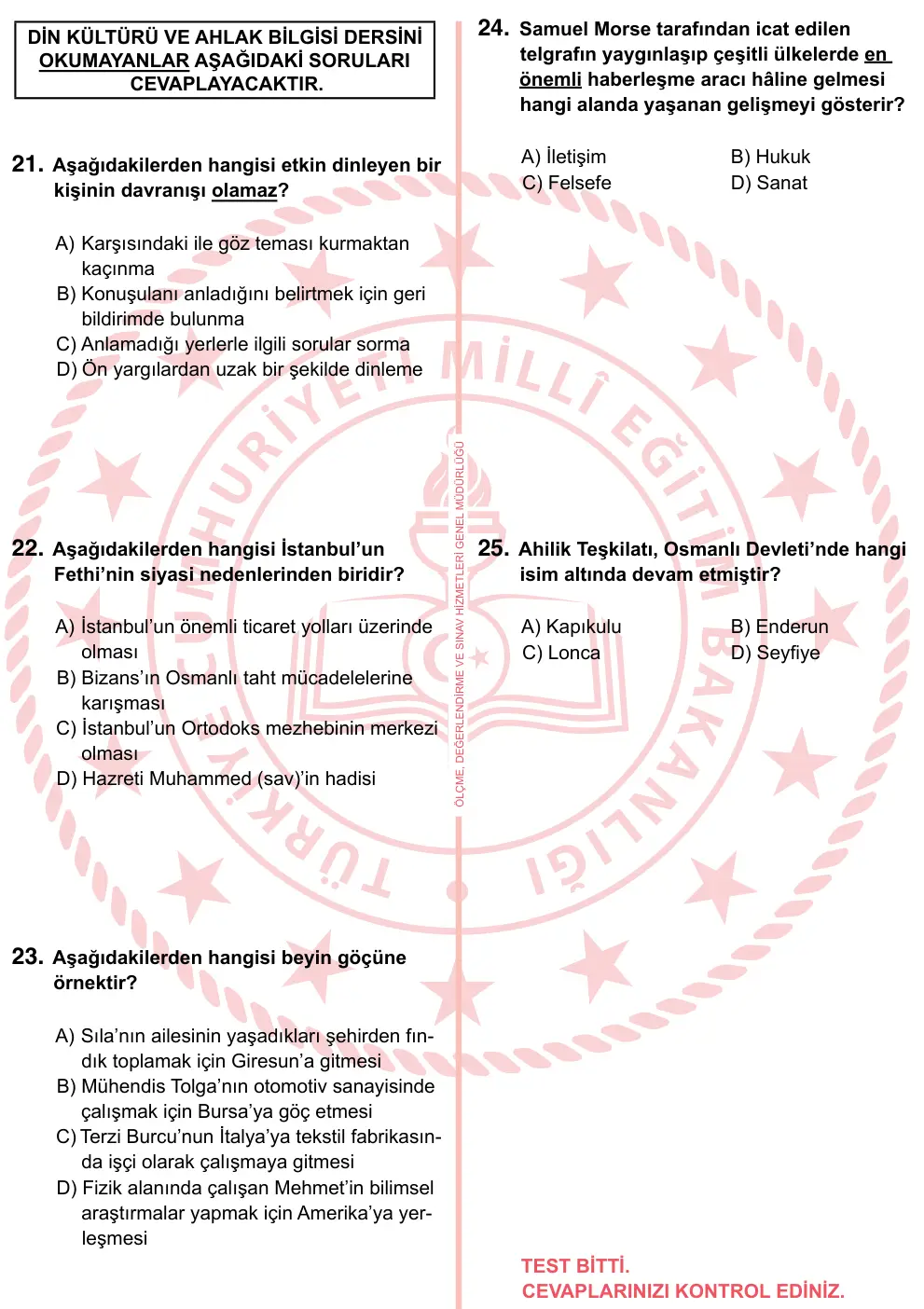 7. Sınıf Sosyal Bilgiler 2022 İOKBS Bursluluk Sınavı 25. Soru görseli (2/3)