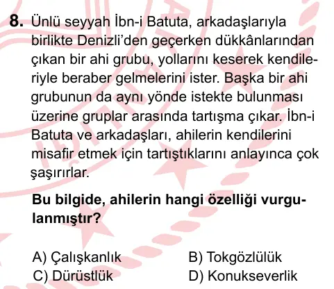 7. Sınıf Sosyal Bilgiler 2022 İOKBS Bursluluk Sınavı 8. Soru görseli