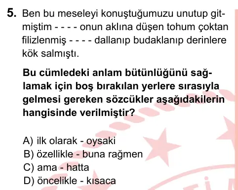 7. Sınıf Türkçe 2022 İOKBS Bursluluk Sınavı 5. Soru görseli