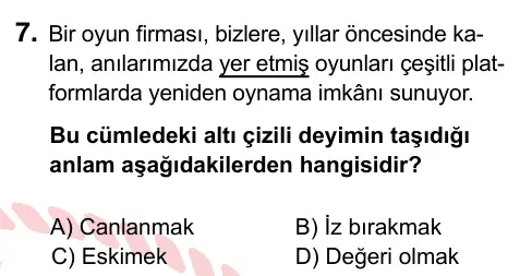 7. Sınıf Türkçe 2022 İOKBS Bursluluk Sınavı 7. Soru görseli