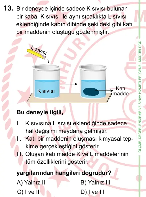 8. Sınıf ve Hazırlık Fen Bilimleri 2022 İOKBS Bursluluk Sınavı 13. Soru görseli