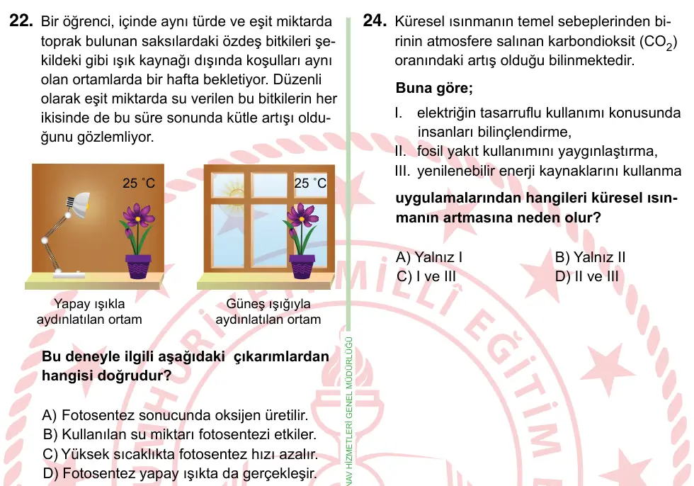 8. Sınıf ve Hazırlık Fen Bilimleri 2022 İOKBS Bursluluk Sınavı 22. Soru görseli