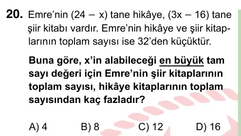 8. Sınıf ve Hazırlık Matematik 2022 İOKBS Bursluluk Sınavı 20. Soru görseli