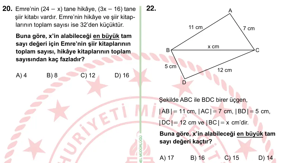 8. Sınıf ve Hazırlık Matematik 2022 İOKBS Bursluluk Sınavı 22. Soru görseli