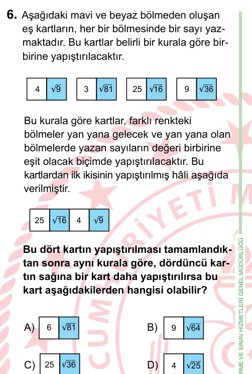8. Sınıf ve Hazırlık Matematik 2022 İOKBS Bursluluk Sınavı 6. Soru görseli