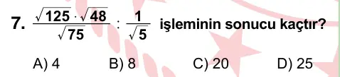 8. Sınıf ve Hazırlık Matematik 2022 İOKBS Bursluluk Sınavı 7. Soru görseli