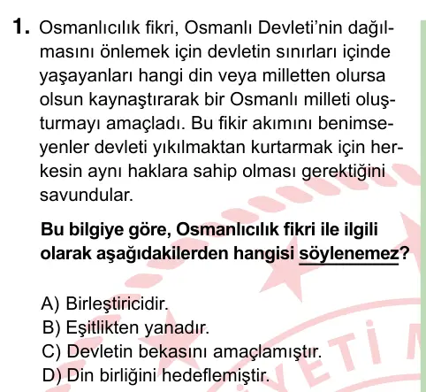 8. Sınıf ve Hazırlık Sosyal Bilgiler 2022 İOKBS Bursluluk Sınavı 1. Soru görseli